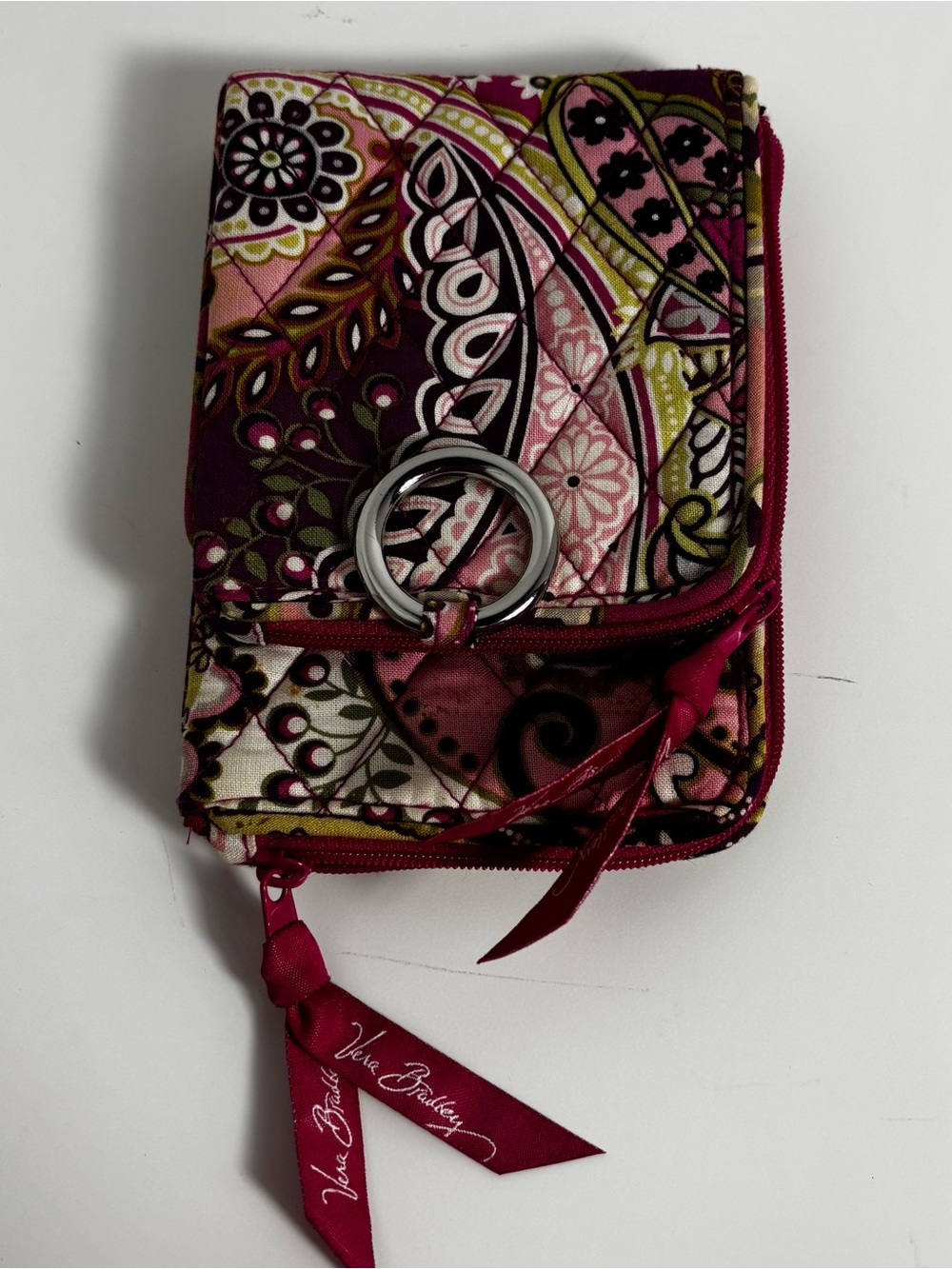 Vera Bradley Pink Paisley Quilted Zip Wallet with Ring Accent